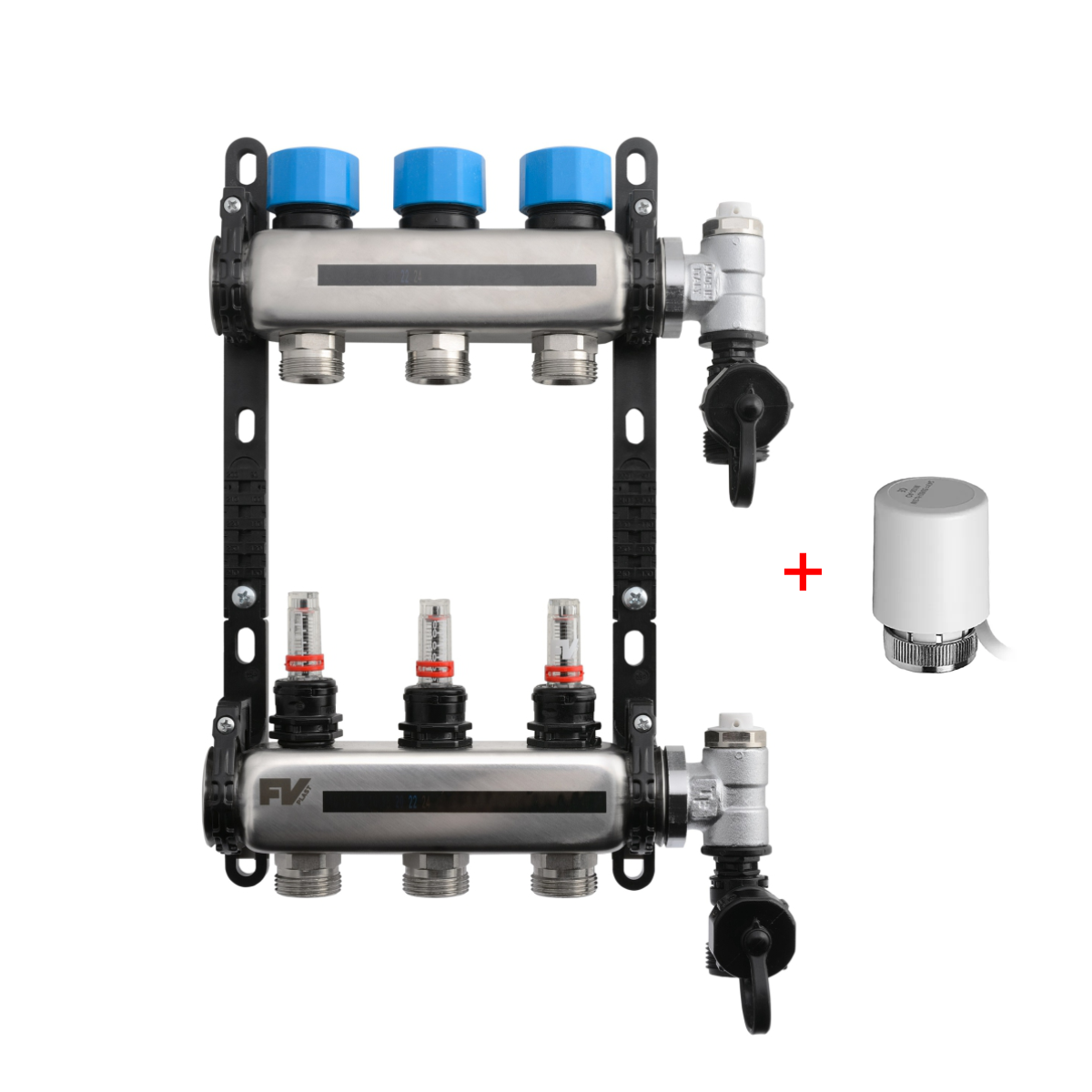 F.V. Plast, колекторна група 1″ с дебитомер 8л + 8 бр Honeywell, терм. задв. NC, 230V, 1.1M, 3W (*)